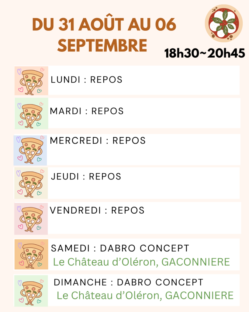 Planning du food truck Le NapoliØ, semaine du 31 août au 6 septembre 2026 : samedi et dimanche à Dabro Concept, Le Château d’Oléron, de 18h30 à 20h45