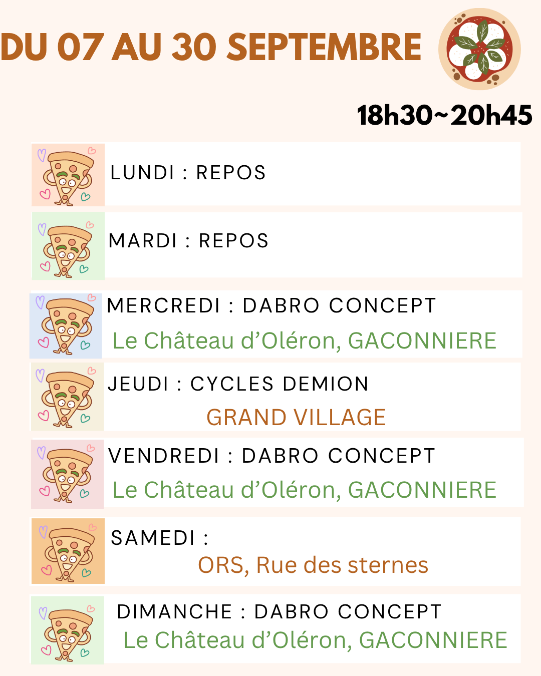 Planning du food truck Le NapoliØ, du 7 au 30 septembre 2026 : Le Château d'Oléron, Grand Village et rue des Sternes, service de 18h30 à 20h45.