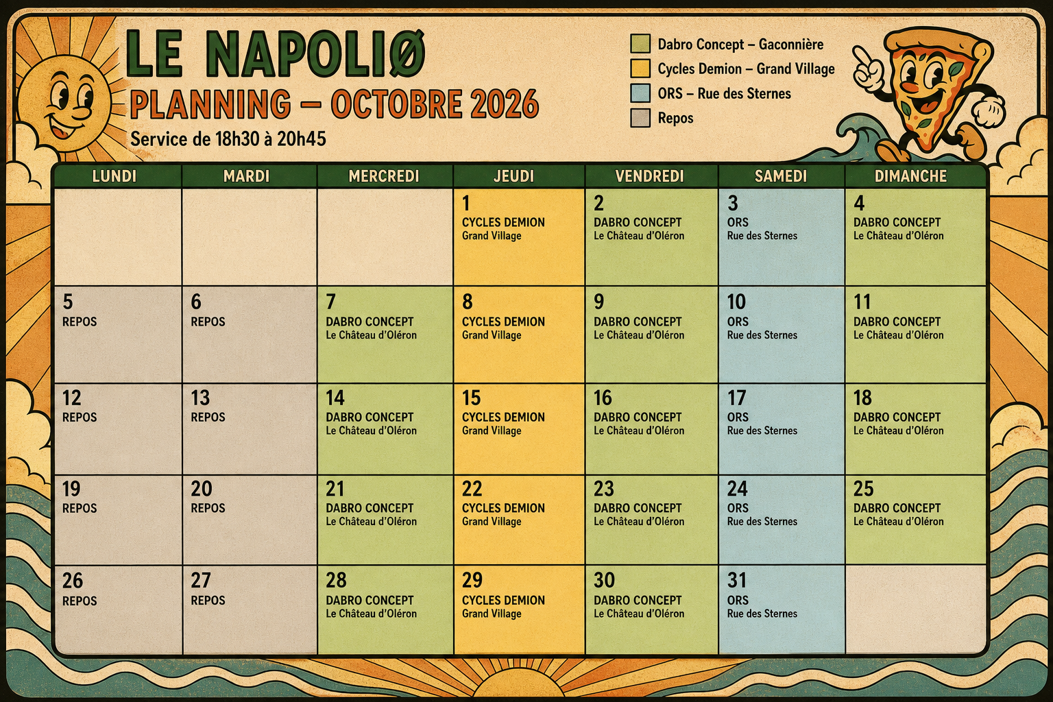 Calendrier d'octobre 2026 du food truck de pizzas Le NapoliØ : emplacements et horaires sur l'île d'Oléron